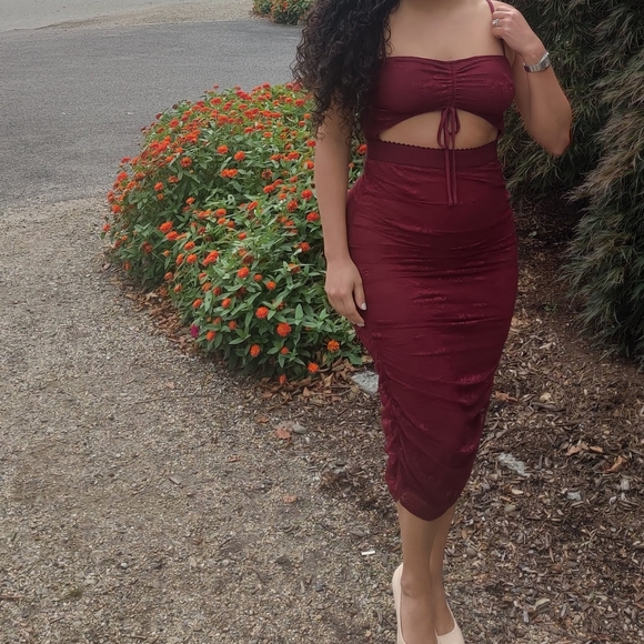 Up the Appeal Burgundy Lace Cutout Bodycon Midi Dress - Picture 3 of 3